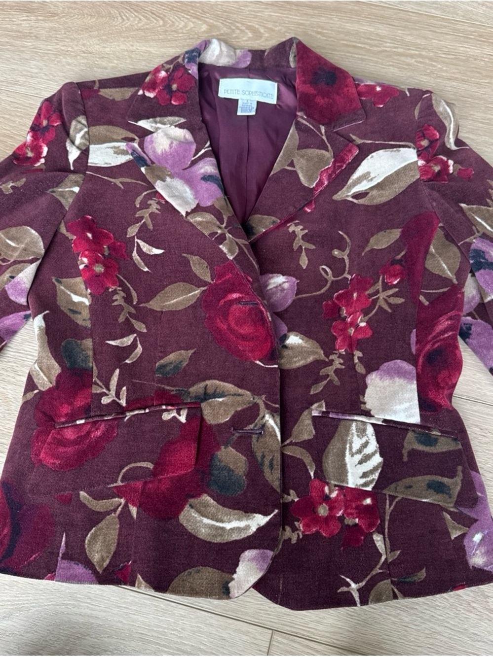 Petite Sophisticate Burgundy Floral Blazer with Rose Accents